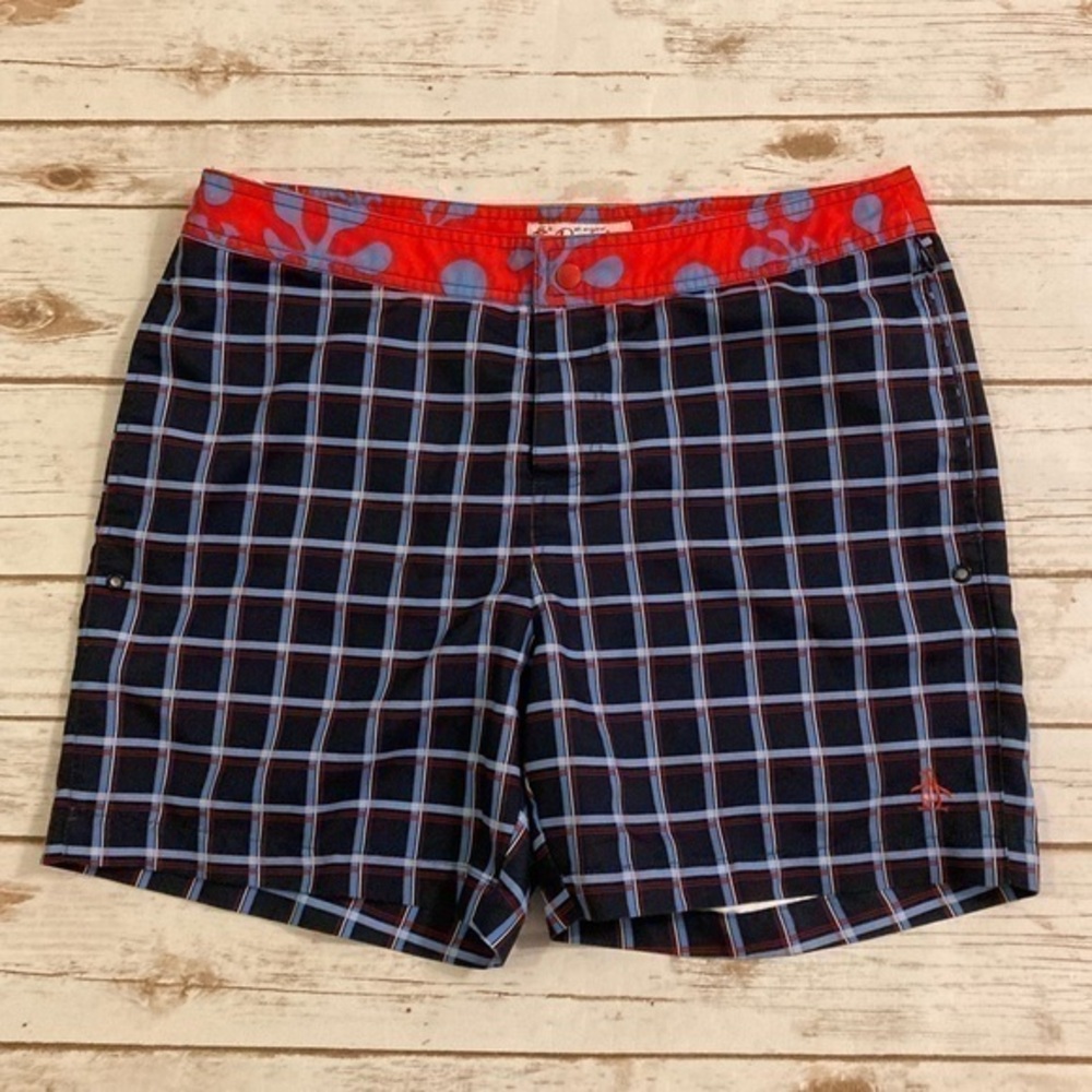 Original Penguin Blue and Red Plaid Swim Trunks Size 34